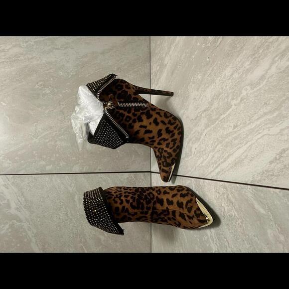 Leopard Print Ankle Boots with Studded Cuff - Picture 2 of 4